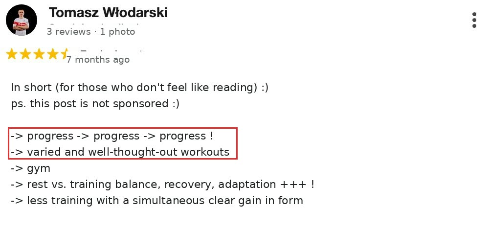 Review by Tomasz W.: progress and varied workouts