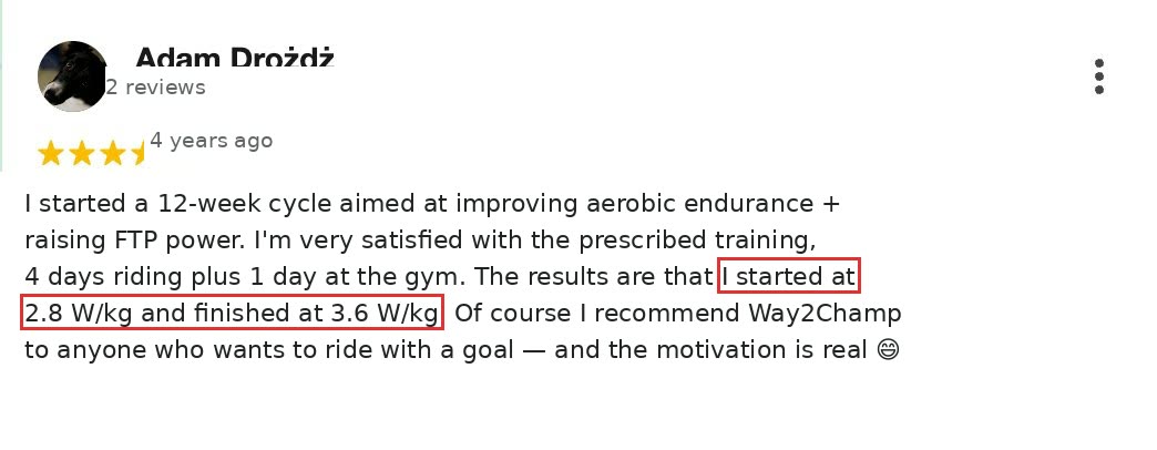 Review by Adam D.: from 2.8 to 3.6 W/kg