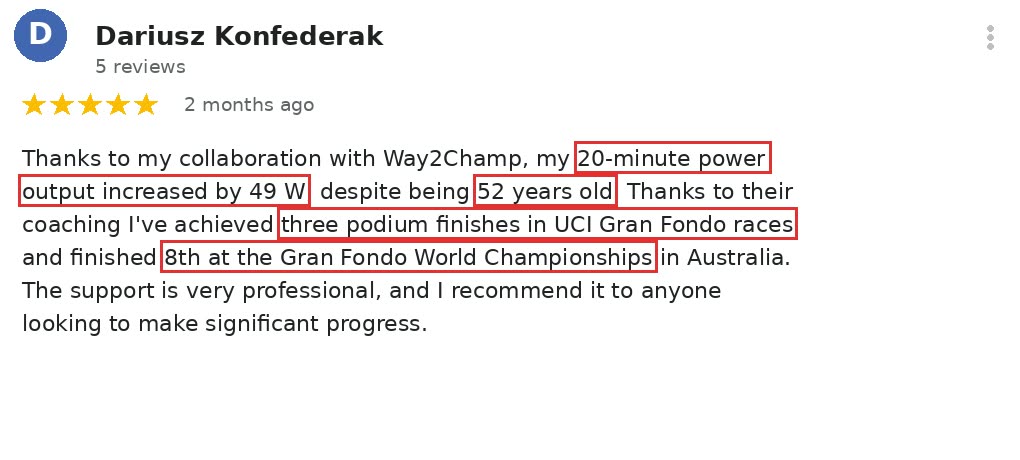 Review by Dariusz K.: 20-minute power up 49 W at 52, 8th at the Gran Fondo Worlds